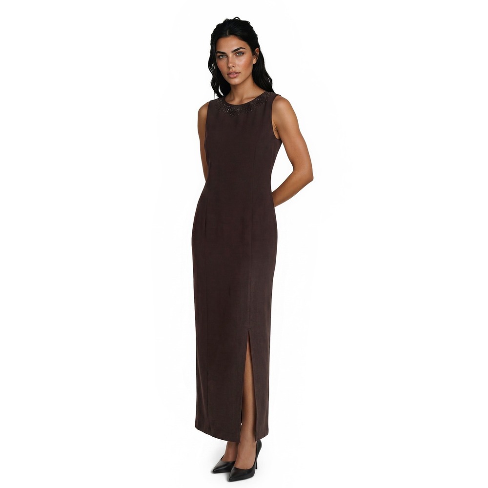 Liz Claiborne Maxi Evening Gown Dress Women's Size 12 Brown Beaded‎ Scarf Tie